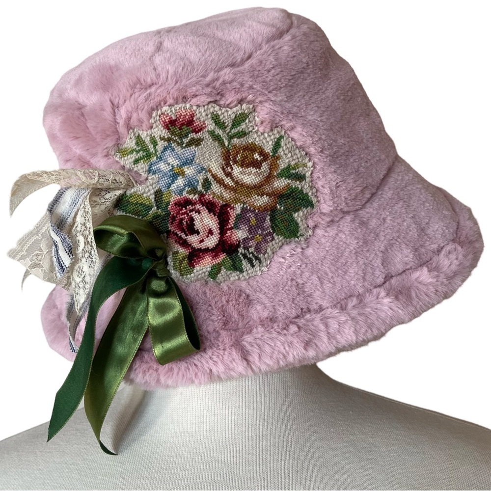 Vintage Rose Needlepoint with Antique Ribbons Dusky Pink Faux Fur Bucket Hat